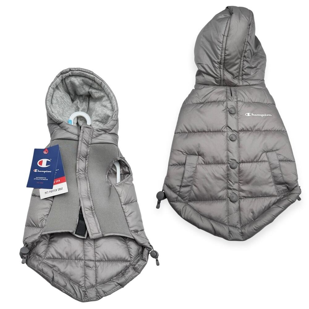 Champion Grey Hooded Puffer Jacket Vest Dog’s Size Small